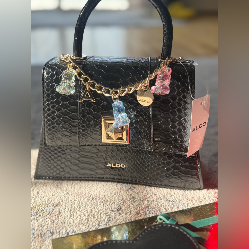 Aldo Black Croc Mini Top Handle Bag + Charm Chain + Heart Coin Pouch | Nwt